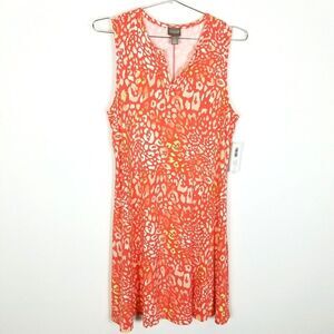 Chico’s Colorful Leopard Shelley Knee Dress Melon Mambo Coral Sleeveless size M